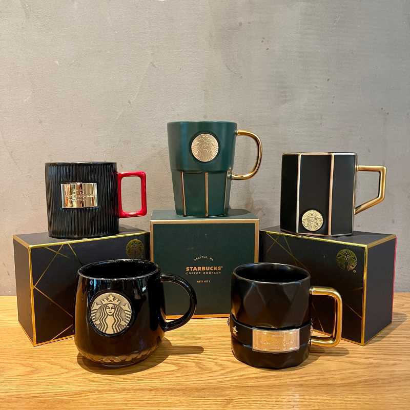 Starbucks new classic black and white golden Mermaid bronze coffee ceramic mark couple water cup gift box with cover-image-759367501