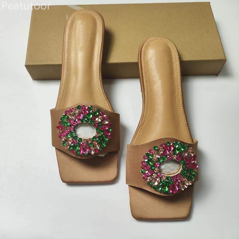 Sandales d'été plates pour femmes, pantoufles Beige, mode cristal, bout carré, chaussures de plage, grande taille 41