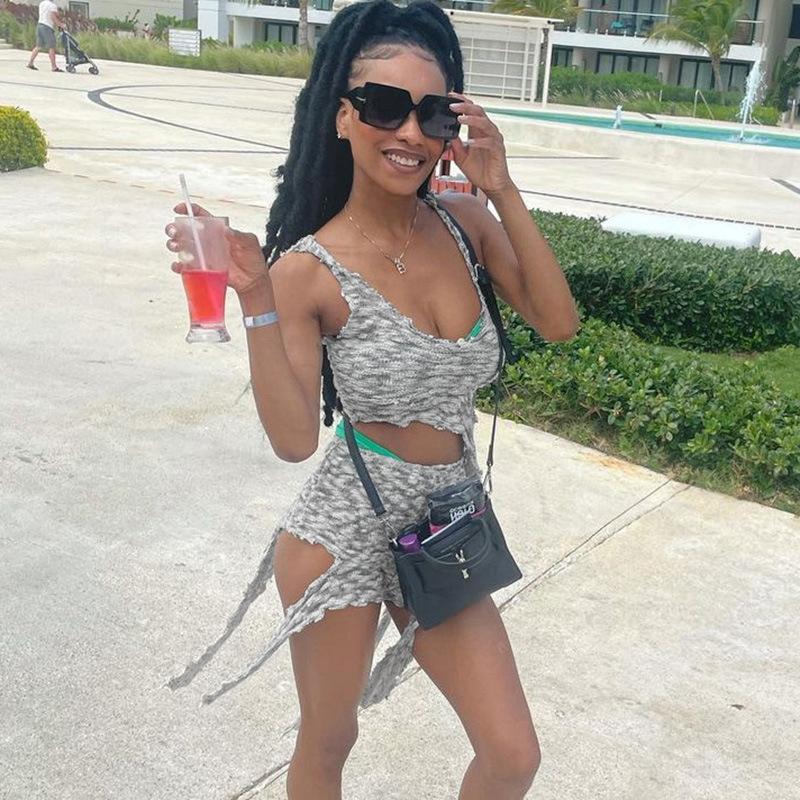 

Women' Tracksuits Summer Short Tracksuit Women Sexy Strap O Neck Tank Crop Top Shorts Shinny Two Piece Set Lounge Wear Sport Fitness Street, Grey set