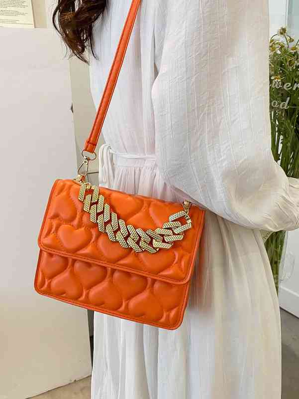 

Bag Brand Designer Fashion Dinner Luxury Shoulder Handbag Heart Pattern Chain Decor Flap Square Superior Quality Genuine Shopping Wallet, Orange