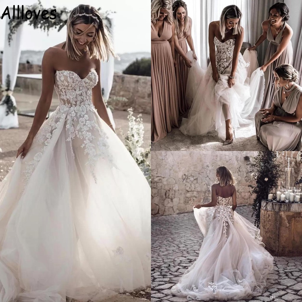 

Floral Lace Tulle A Line Wedding Dresses Sweetheart Backless Boho Country Bridal Gowns AL2119, Black