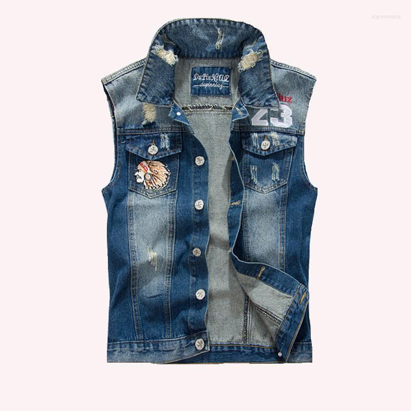

Men' Vests Ripped Blue Denim Vest Fashion Patch Designs Cowboy Frayed Jeans Sleeveless Jackets Punk Motorcycle Waistcoat Male Tan Kare22