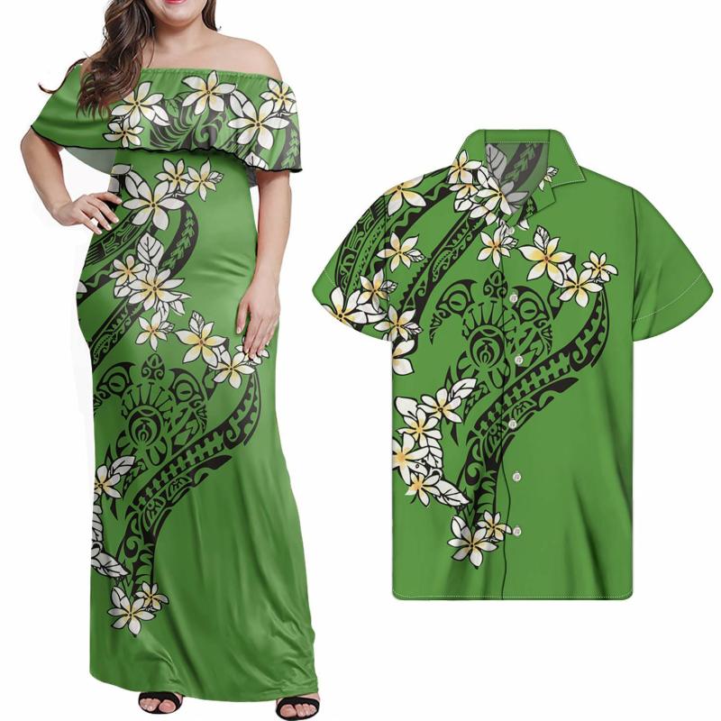 

Casual Dresses Hycool Green Plumeria Floral Print Chiffon Dress Beach Suit Couples Clothing Off Shoulder Women Men Hawaiian Shirts, Ysf0484f16