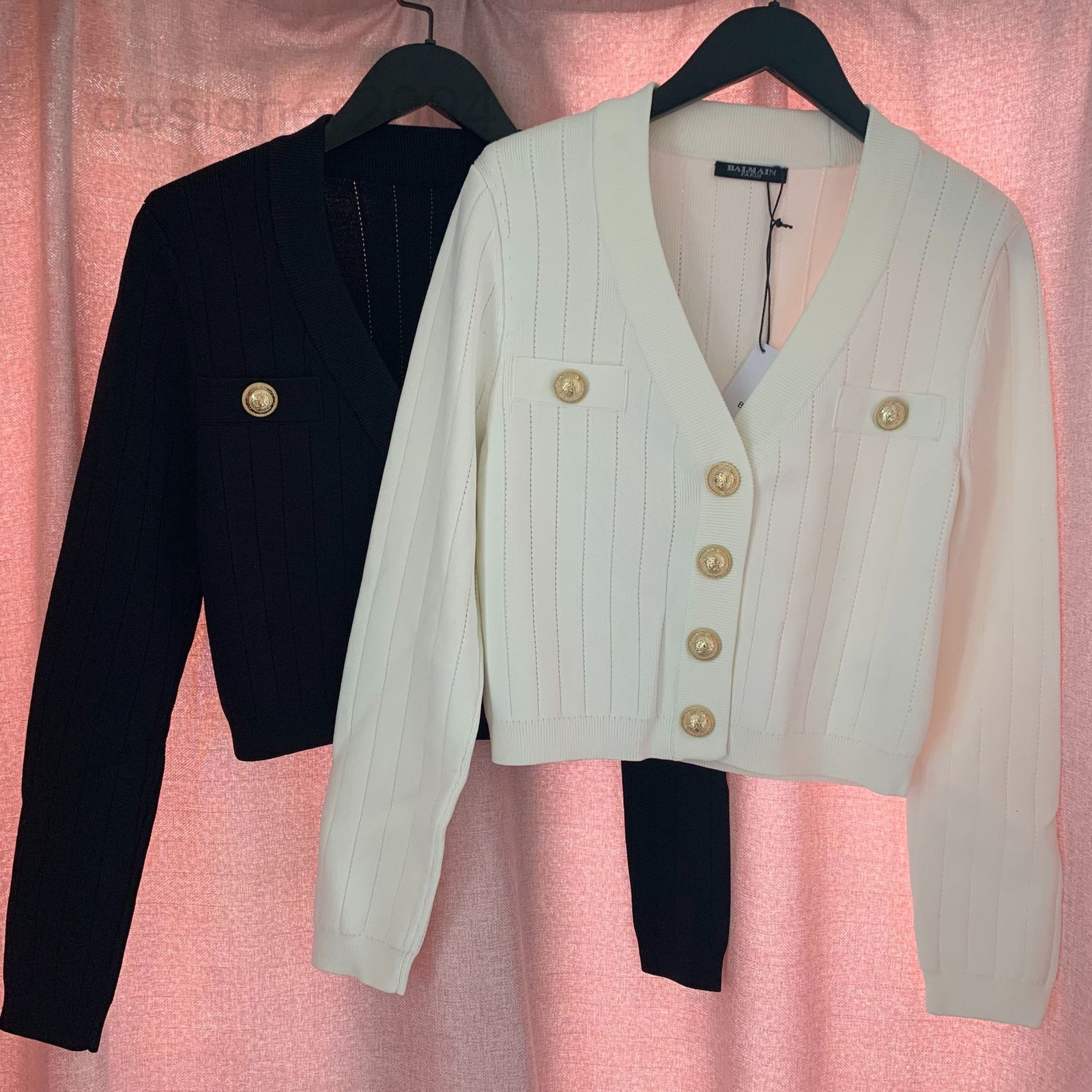 Women's Sweaters designer 2022 balman hollow slim shoulder pad V-neck short T-shirt sweater gold button cardigan women's ice silk coat-image-789573638