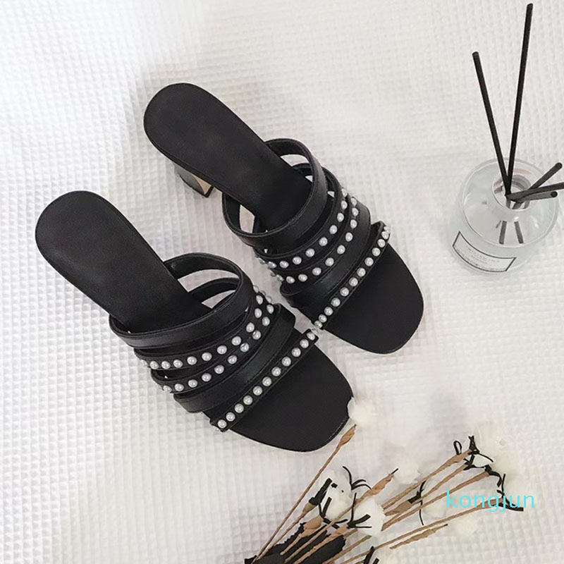 

Fashion-shoe Summer style ladies thick heel sandals high heels fisherman classical leather half drag pearl fish mouth casual designer letter, As picture