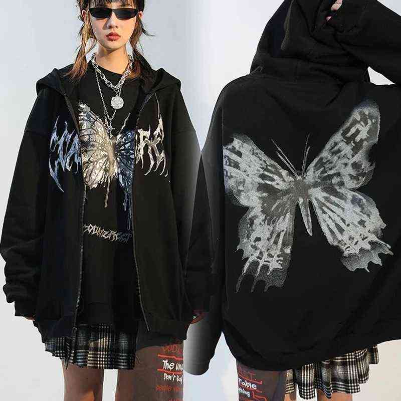 

Women Hip Hop Streetwear Hoodies 2021 Autumn Butterfly Print Oversized Hooded Coat Goth Harajuku Y2k Grunge Punk Zipper Jacket 22H0808, Packing bag