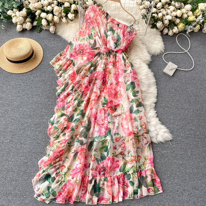Printemps européen américain Floral Maxi Vestidos femmes robes décontractées col diagonal une épaule à volants robe de tempérament 2022