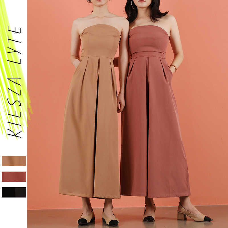 

Women Off Shoulder Sexy Strapless Jumpsuit Casual Ladies Wide Leg Long Rompers Pockets Jumpsuits Beach Fashion Clothes 210608, Khaki