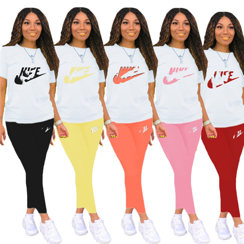

Designer Brand Two 2 Piece Sets Women Tracksuits Letter Print Casual Jogging Suits Short Sleeve Outfits T Shirts Leggings Running Cycling Sports Wear  3503-17, Pink