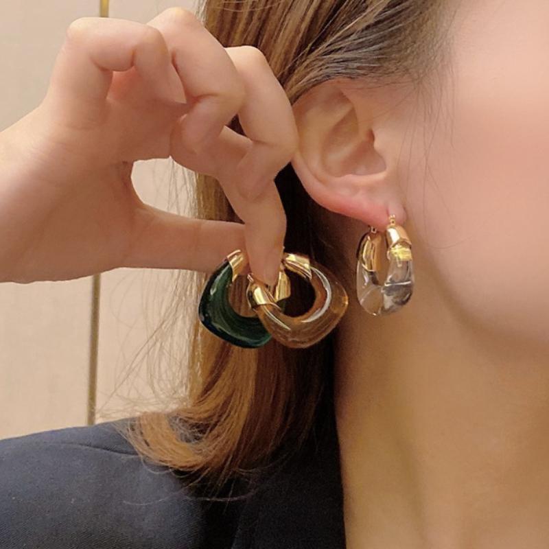 

Hoop & Huggie Korean Clear Acrylic Resin Circle Earrings Female Bohemia Gold Color Metal Piercing Earring Wedding JewelryHoop
