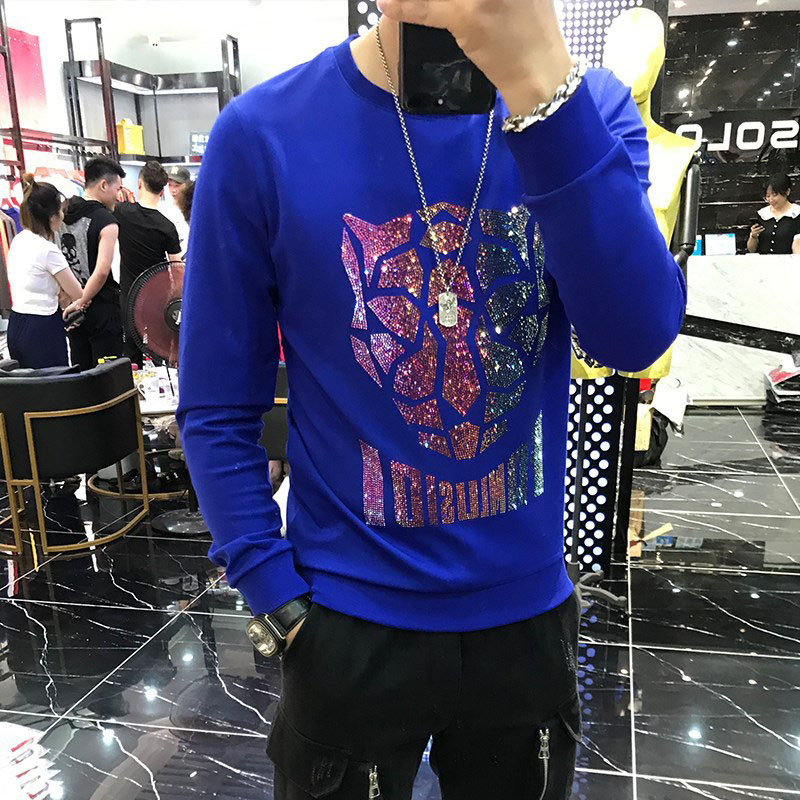 Nouveaux sweats à capuche pour hommes Lâche Personnalité Pull Tête de Léopard Chaud Strass Mince Causal Mâle Pull Automne Hiver À Manches Longues
