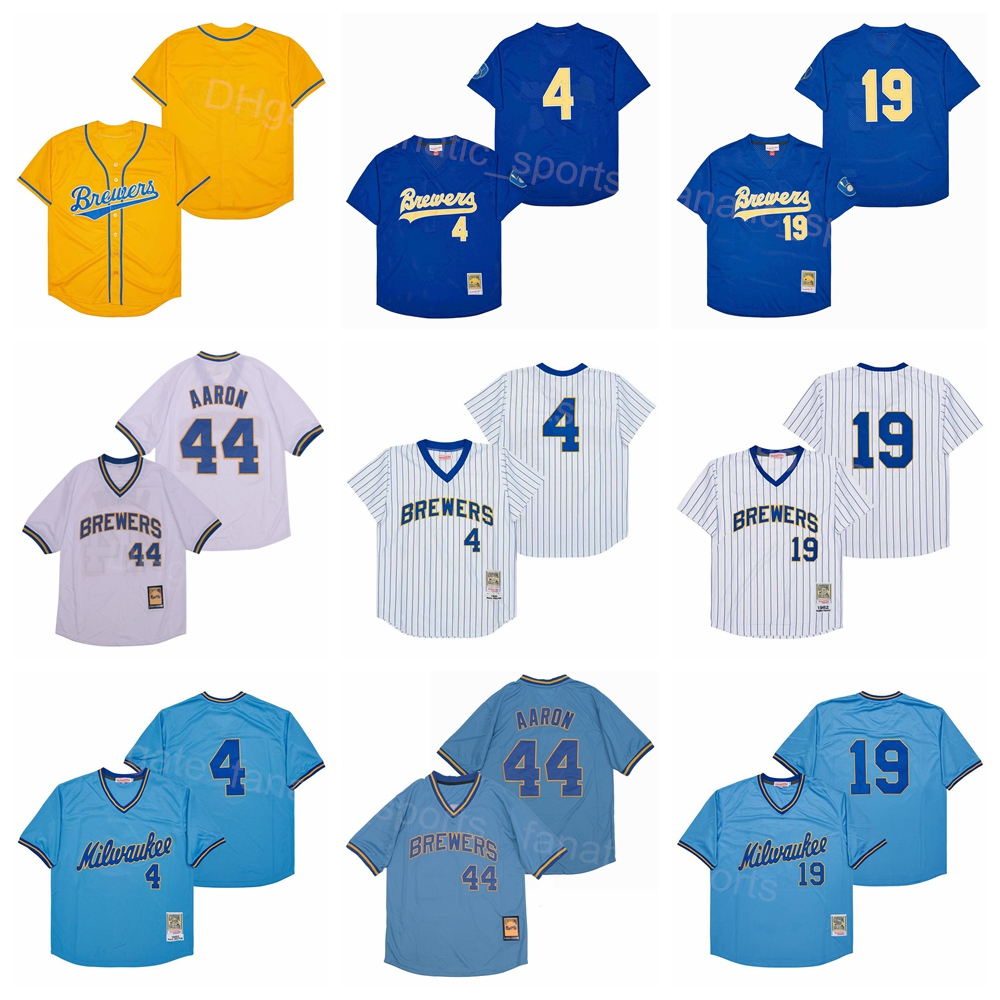 Vintage 4 Paul Molitor Baseball Jersey Retro 1982 44 Hank Aaron 19 Robin Yount Team Blue Yellow White Pinstripe Stitched Cool Base Pullover Cooperst