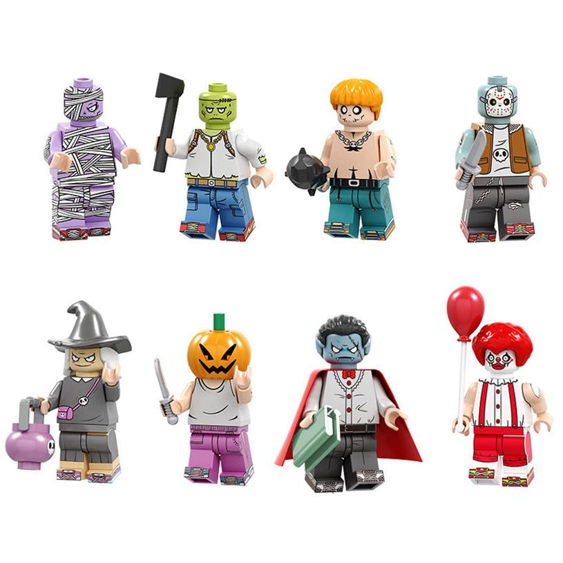 

8 pcs Lot Mini Action Figure Minifig Joker Clown Monster Vampire Pumpkin Witch Zombie Building Blocks Halloween Gift Toy For Kid C227s