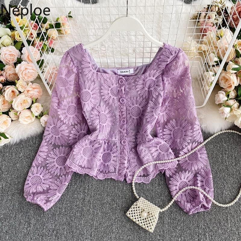

Women's Blouses & Shirts Neploe Blusas Mujer De Moda 2022 Embroidery Crochet Floral Lace Women Square Collar Slim Waist Short Blouse Tops Fe, Purple