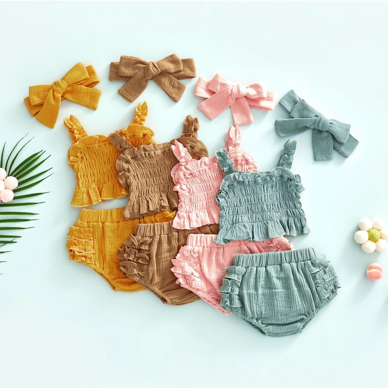 

Clothing Sets Infant Girl Summer Clothes Set Solid Sleeveless Camisole Elastic Waist Layered Ruffled Shorts Bow HeadbandClothing