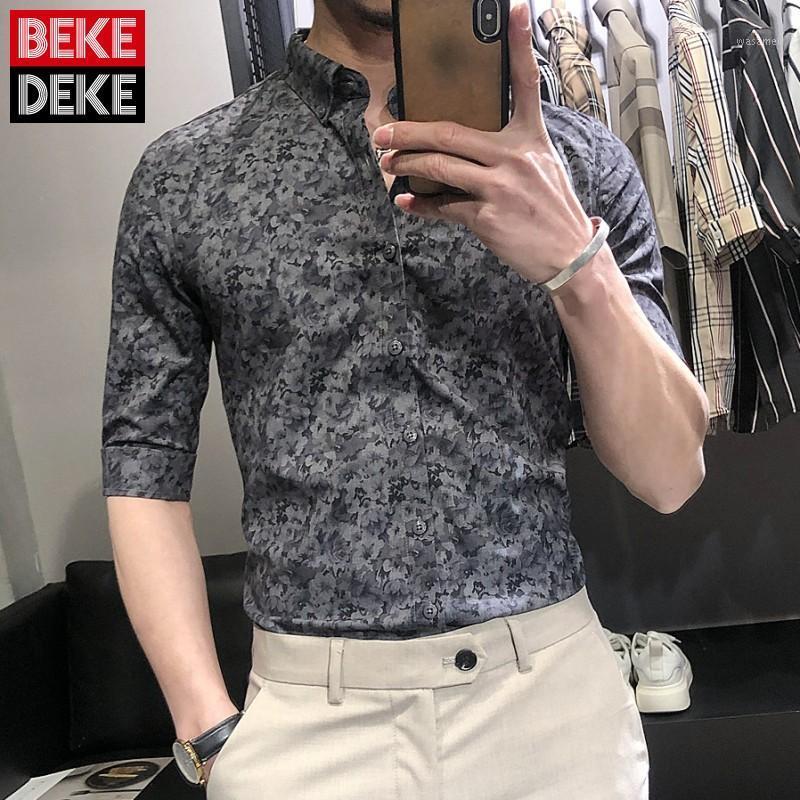 

Korean Style Mens Slim Turn-Down Collar Single Breasted Casual Shirt 2022 Summer Printing Design Fashion Vintage Blouse Men's Shirts, Khaki