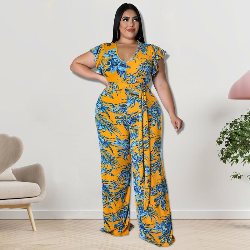 

Women's Plus Size Pants Summer Printed Collared JumpsuitWomen's, Green