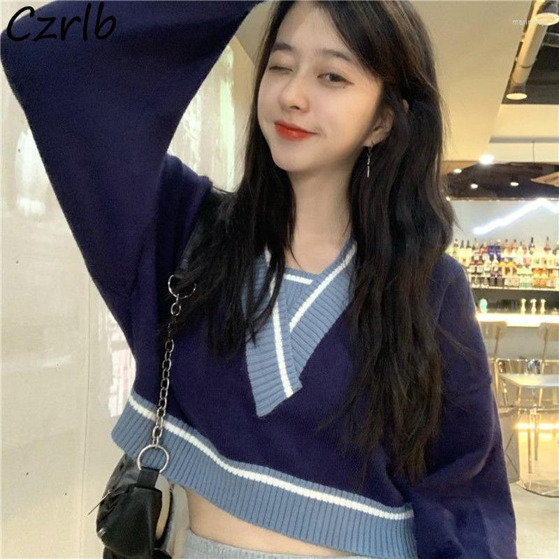 

Women's Sweaters Pullovers Women V-neck Crop Patchwork Design Spring College Casual Sexy Elegant Trendy Young Soft Korean Style InsWomen's M, Gray