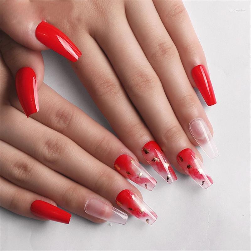 

False Nails Women Long Paragraph Artificial Nail Art Fake Ballerina Press On Red Prud22, White