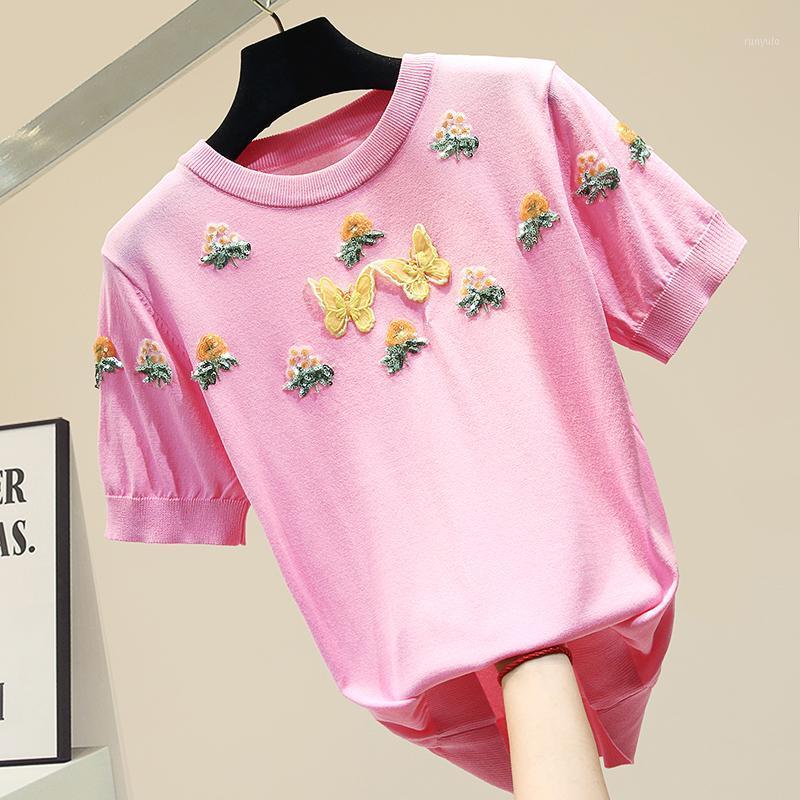 

Summer T Shirt For Women's Elegant Tshirt Three-dimensional Butterfly Embroidery Short-Sleeved Loose Tee T-shirt Top, Pink