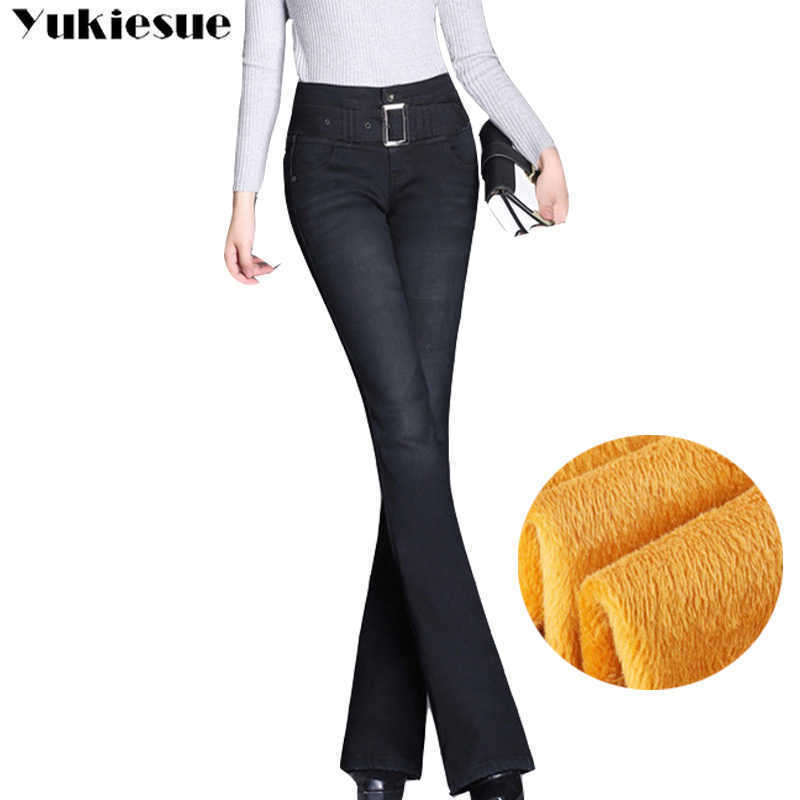 

Winter warm fleece Stretching Flare Jeans Women BellBottoms For Girls Trousers for women Large Size 210608, Black