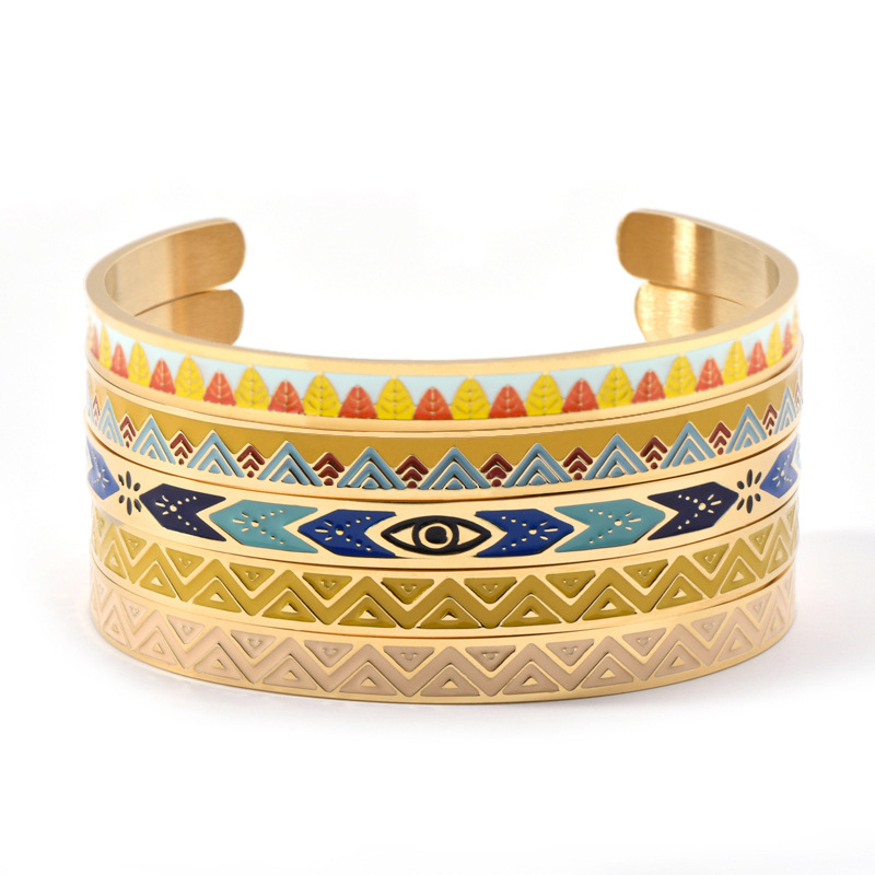 Colorful Pattern Enameled Bangle Bracelet 18K Gold Personality Women Gift Jewelry-image-756961723