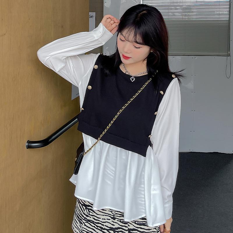 

Women's Blouses & Shirts Blouse Women Patchwork Fake Two Pieces Contrast Color Long Sleeve O-neck Big Size Loose Csaual Tops, Black