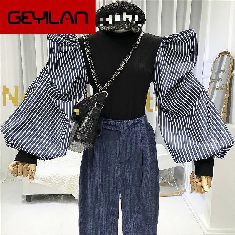 

Autumn Spring Design Patchwork Fake Two Piece Blouse O Neck Puff Long Sleeve Blusas Slim Striped Shirt 47486 Women's Blouses & Shirts, White