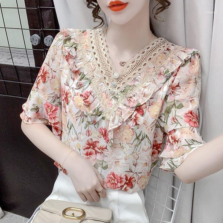 

Women' Blouses & Shirts 2022 Summer Style Lace V-neck Floral Chiffon Shirt Korean Version Of All-match Ruffled Thin Blouse Women, Green