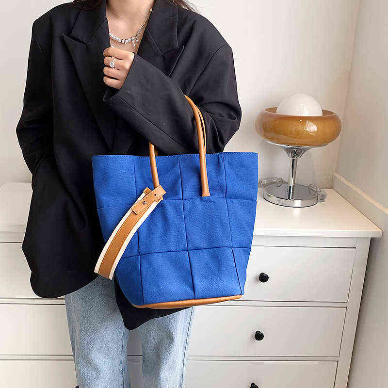 

Bag Women's Large Capacity Bucket 2022 Canvas Splicing Wide Shoulder Belt Portable Single, White