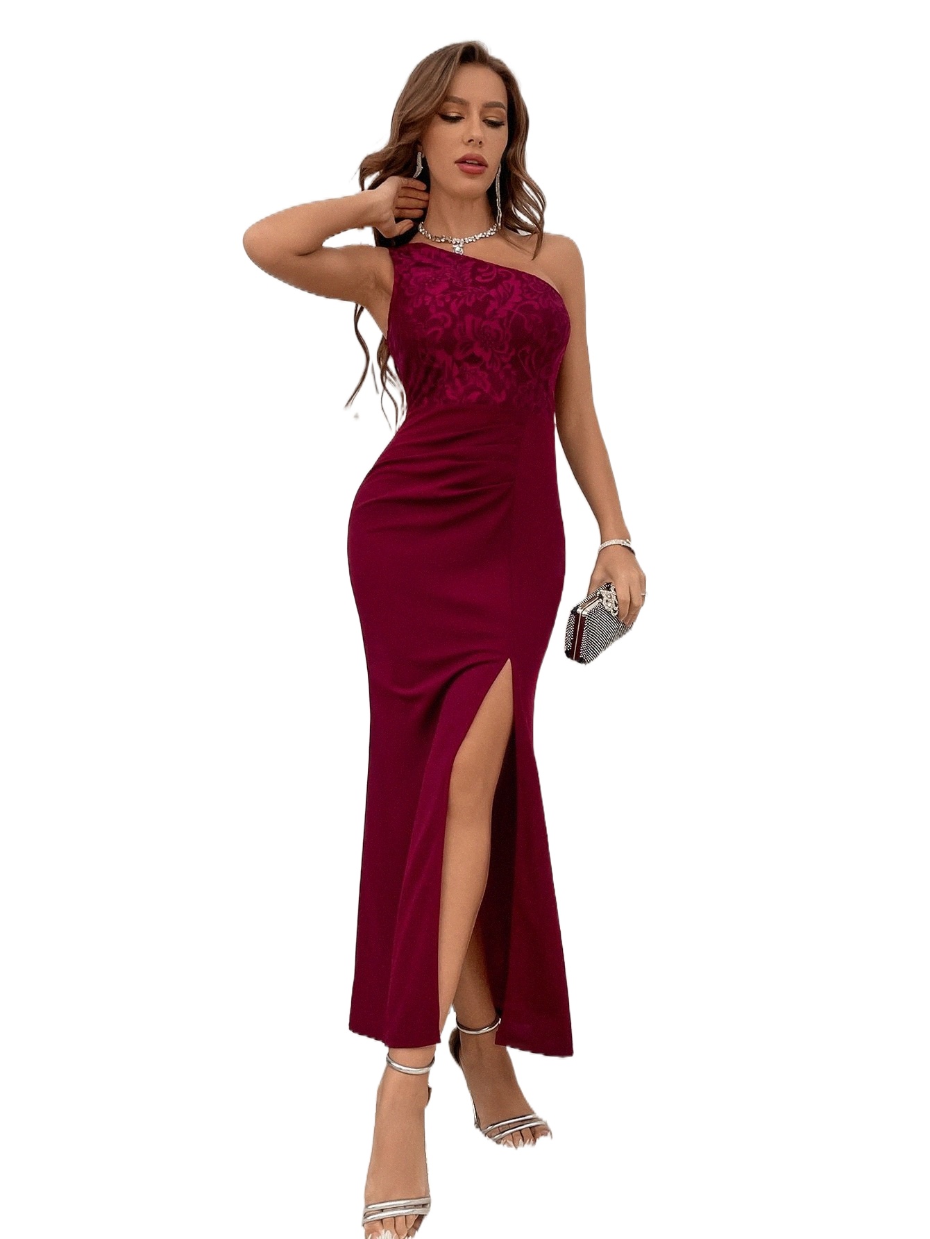 

floral Lace Panel One Shoulder Split Thigh Dress 91gQ#, Burgundy