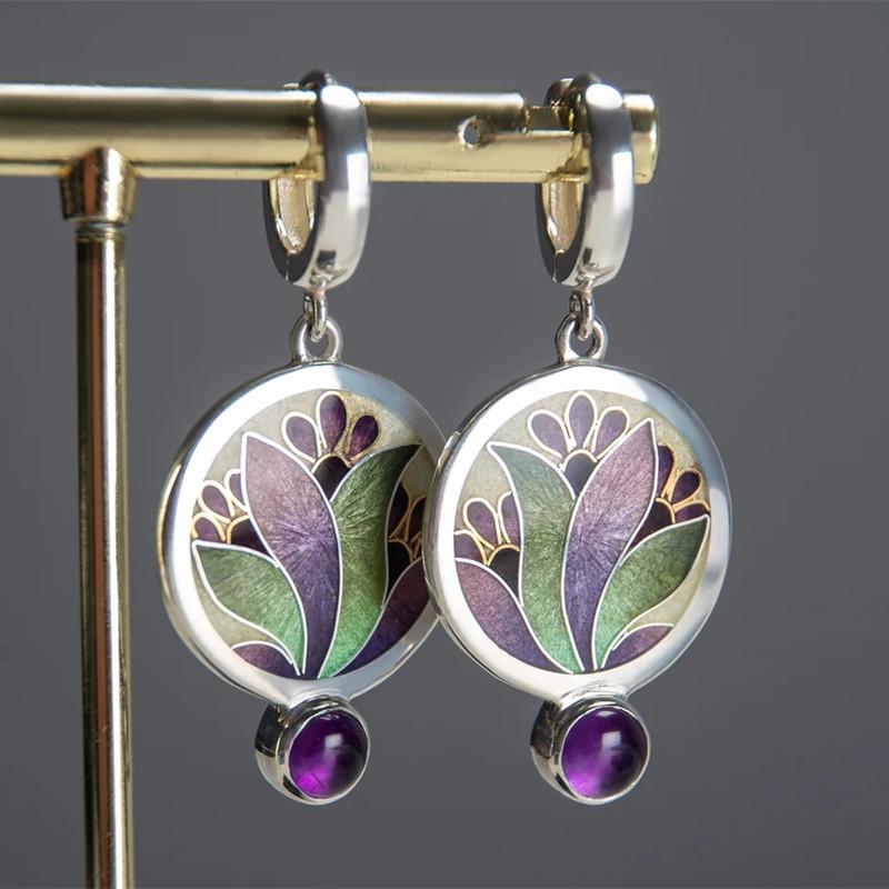 

Dangle & Chandelier Trendy Round Green Purple Painted Flowers Women Earrings Vintage Silver Color Metal Inlaid Amethyst Zircon EarringsDangl