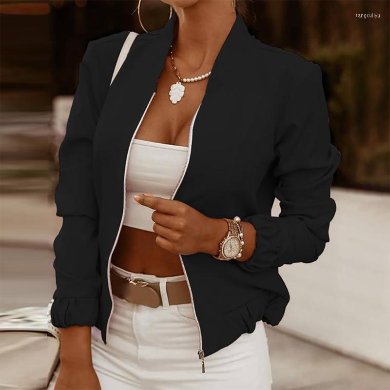 

Women's Jackets 2022 Solid Color Long Sleeve Bomber Jacket Fashion Zipper Up Vintage Coat Tops Elegant Slim Basic Ladies, Pink
