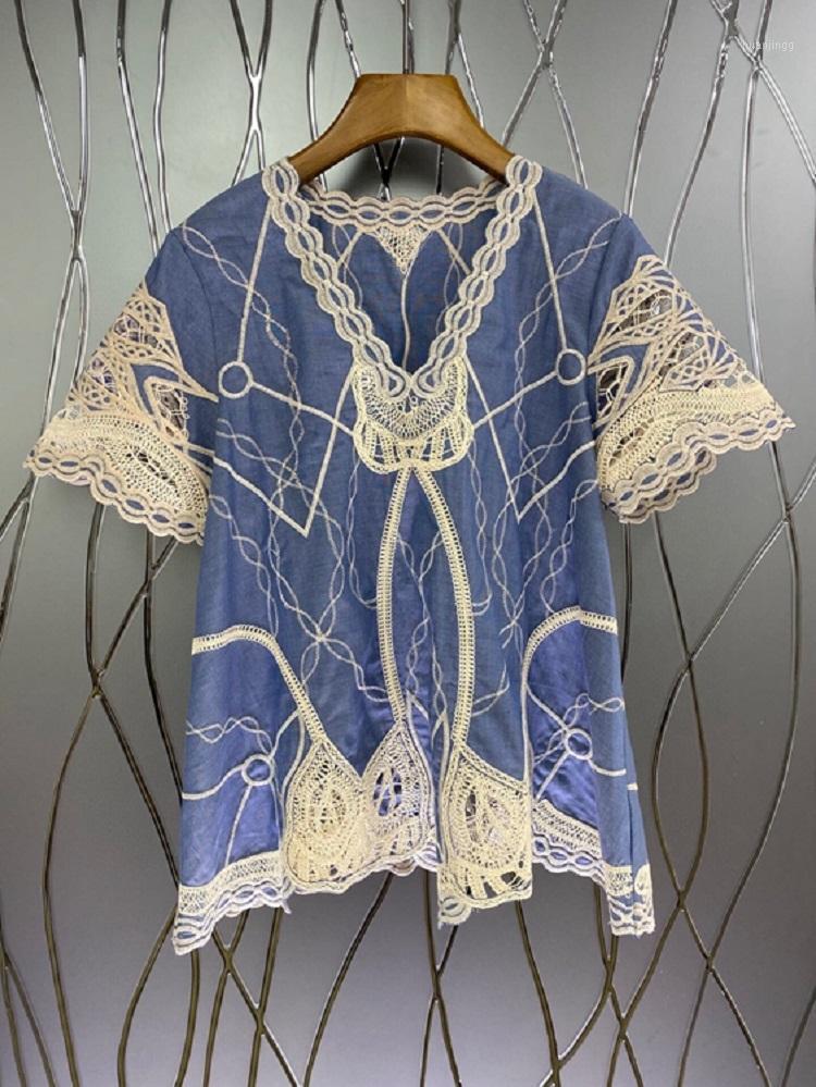 

Women' Blouses & Shirts 2022 Summer Fashion White Blue Tops High Quality Women V-Neck Exquisite Embroidery Short Sleeve Casual Cotton Blous