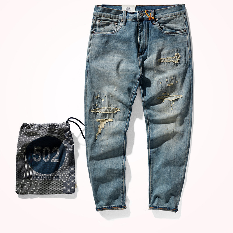 

Autumn and Winter Thick Heavyweight Elastic Denim Jeans Men's Fashion Retro Patch Washed Old Light Blue Casual Straight Pants