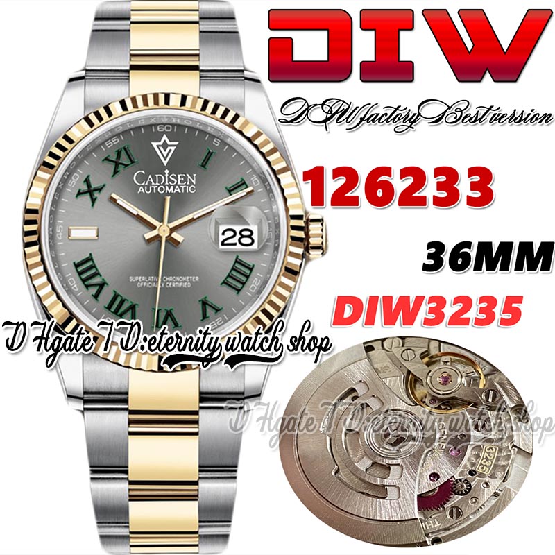 

DIWF diw126233 SA3235 Automatic Mens Watch 36MM Two Tone Yellow Gold Fluted Bezel Gray Green Roman Dial 904L Oystersteel Bracelet Super Edition eternity Watches, Watch waterproof cost
