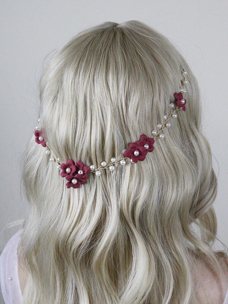 

Headpieces Vintage Wine Red Pink Flower Headband Pearls Elegant Women Headdress Bridal Headwear Prom Wedding Hair Accessories For Party