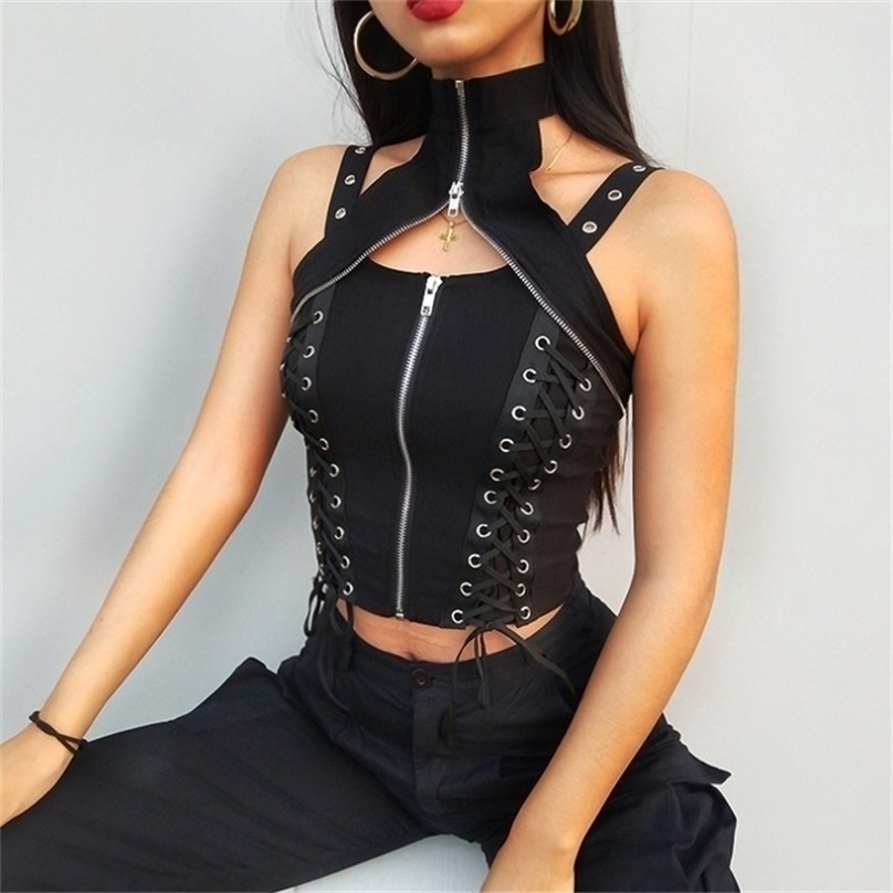 

NCLAGEN Sleeveless Zipper Choker Halter Gothic Black Tank Bandage Fitness Crop Top Punk Camis Women Bodycon Strap Clubwear Tops 220318