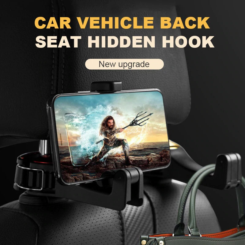 

2 in 1 Car Headrest Hidden Hook with Phone Holder Seat Back Hanger for Bag Handbag Purse Grocery Cloth Foldble Clips Organizer