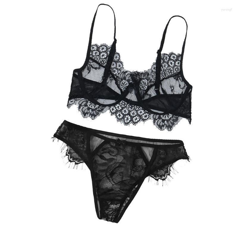 

Bras Sets Women Sissly Lace Sexy Lingerie Deep V Straps Bra Panty Set Babydoll Mujer Transparent Floral Erotic Underwear Langeri, Black