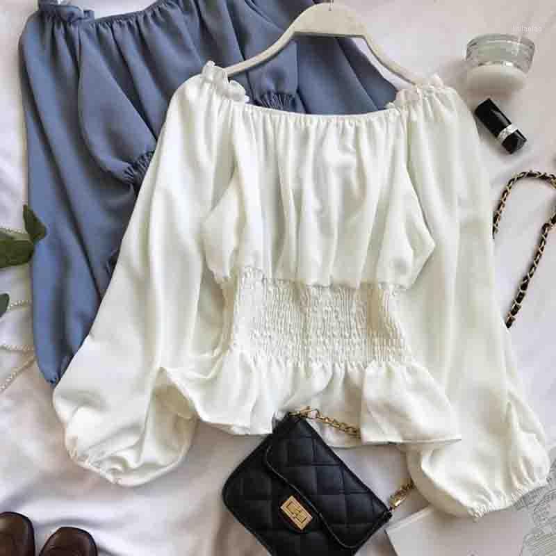 

Slash Neck Off Shoulder Top Chiffon Shirt 2022 Spring Autumn Korean Long Sleeve Ruffles White Blouse Blusas Women Blouses Women's & Shirts, Black