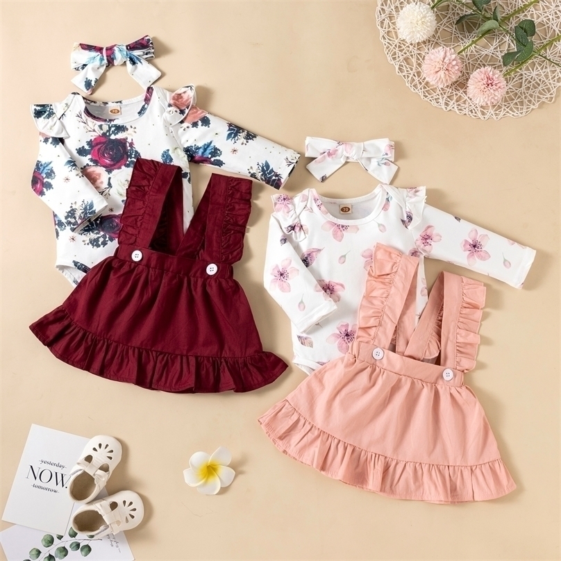 

3PCS Infant Baby Girl Clothing Set Spring Summer Flying Sleeve RomperSuspender SkirtHeadband born Clothes Outfits 220609, Skirt 02