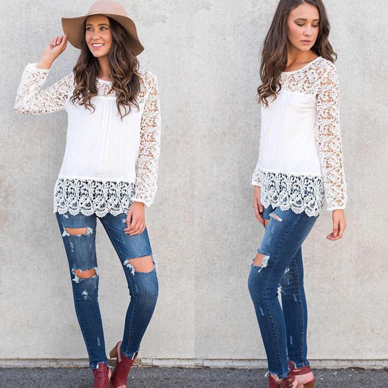 

Womens Ladies Lace Shirts Sexy Hollow Out Blouses White Loose Long Sleeve Tops Shirt Crochet Blouse Tee Women, As pic
