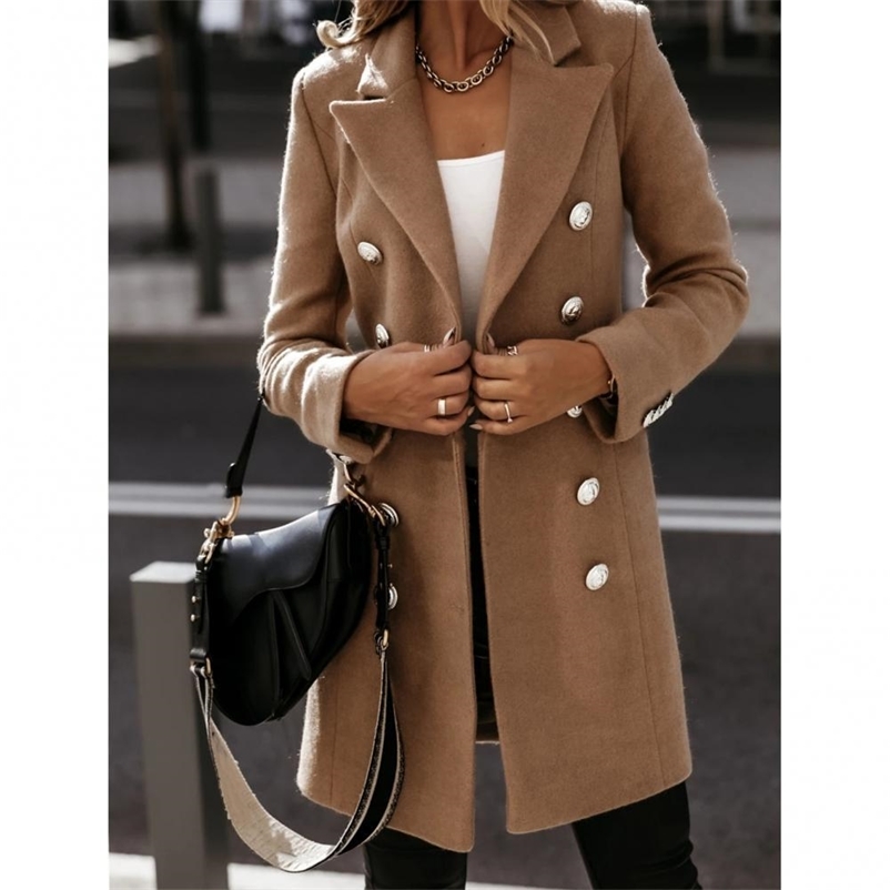 

Women' Wool Blends Winter Women' Warm Jacket Lapel Pure Color Elegant Windbreaker Long Sleeve Buttons Mid-length Women' Jacket Street veste femme 220826, Khaki