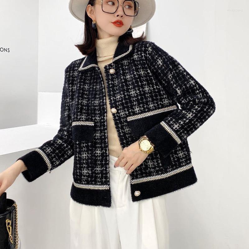 

Women's Jackets 2022 Autumn Korean Plaid Cardigans Coat Women Long Sleeve Turn-down Collar Single-breasted Elegant Vintage Short Coats Femme, Black