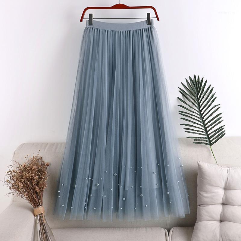

Spring Autumn A-line Pleated Tulle Maxi Women Skirt Korean Style Elastic Waist Mesh Saias Elegant Pearl Solid Black Skirts, Blue