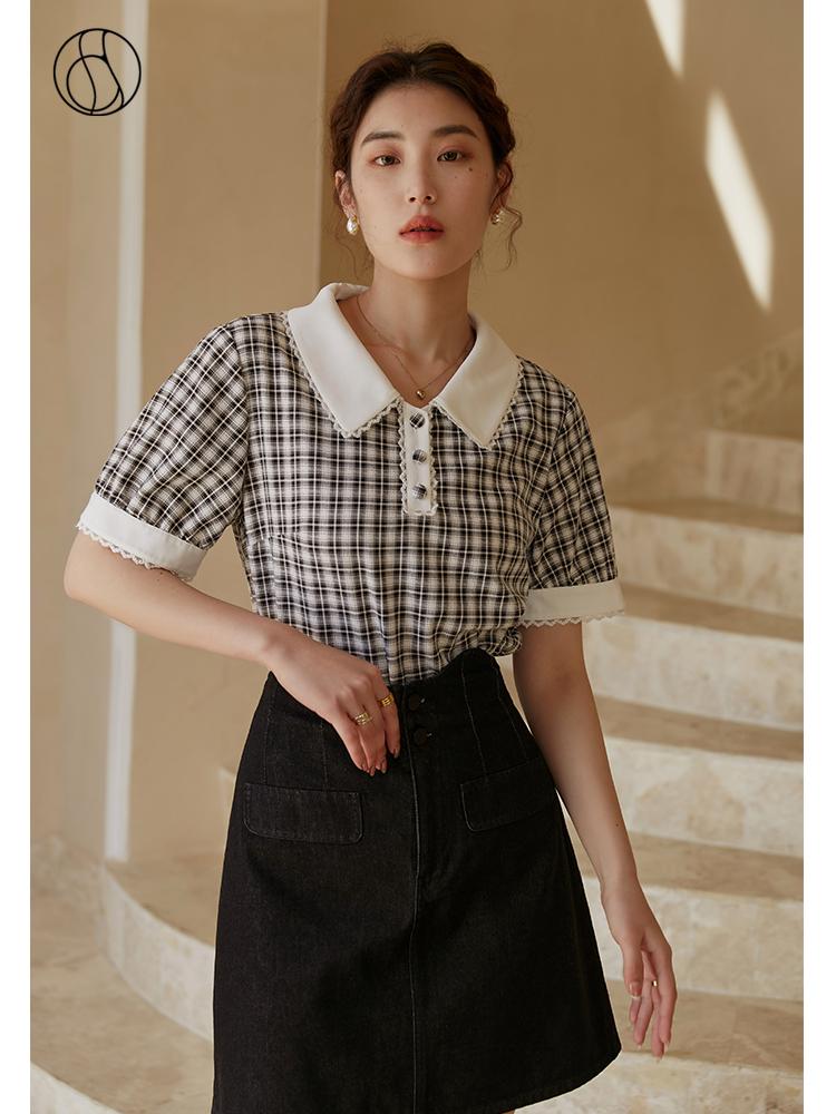 

Women's Blouses & Shirts Collar French Check Color Contrast Sweet Shirt Patchwork Design Commuter Summer Thin Single Breasted Office Blouses, Black white plaid