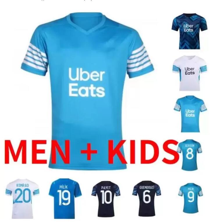 21 22 Jerseys de football Guendouzi Gerson sous 2021 2022 Marseille Milik Maillot Foot Cuisance Benedetto Kamara Payet Football Shirts Men Kid Ki