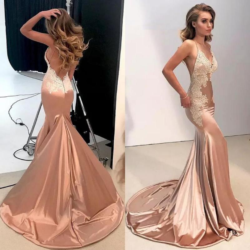 

Party Dresses Sexy Mermaid Long Prom 2022 Spaghetti Strap Champagn Satin Open Back Evening Dress Sweep Train Lace Formal Cocktail GownParty, Silver