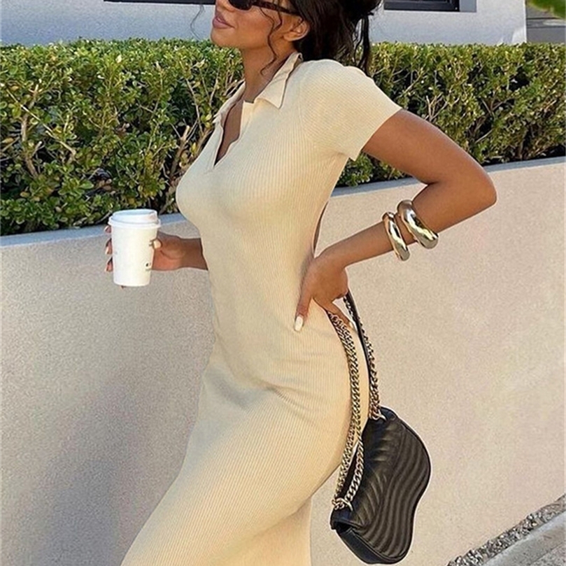 Mignon Élégant Tricoté À Manches Courtes Moulante Maxi Robe Femmes D'été Sexy Dos Nu Bandage Streetwear Solide Stretch Lady Robes 220527